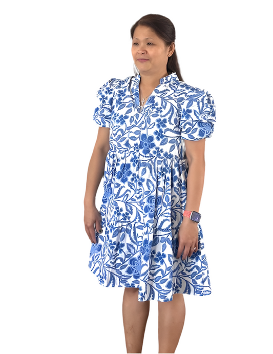 Printed Notched Puff Sleeve Dress